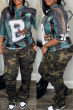 Green Casual Sportwear Digital Letter Print V Neck Half Sleeve Oversize T-Shirts