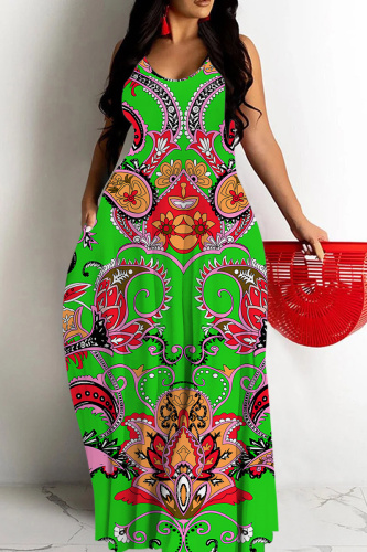 Black Graphics Print Backless Spaghetti Strap Floor Length Vacation Baggy Sundress Slip Maxi Dress