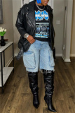Blue Casual Pocket High Waist Denim Cargo Shorts