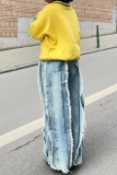 Blue High Waist Fringe Trim Casual Outing Wide Leg Denim Jeans
