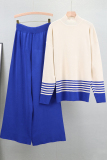Khaki Casual Stripe Print Half A Turtleneck Long Sleeve Knitted Sweater And Wide Leg Pants Two Pieces Trouser Sets