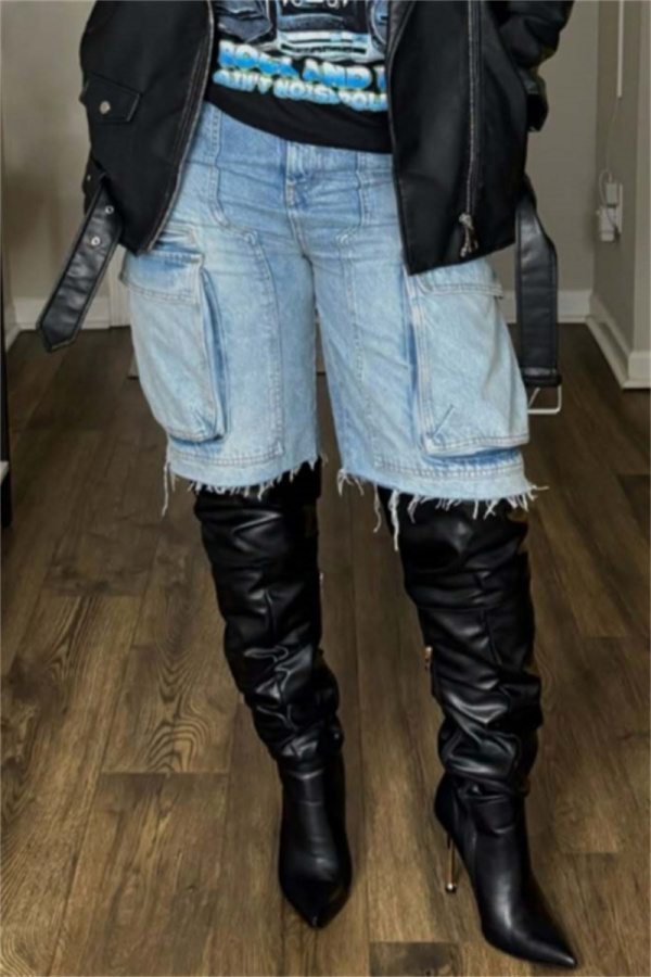 Blue Casual Pocket High Waist Denim Cargo Shorts