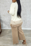 Khaki Casual Stripe Print Half A Turtleneck Long Sleeve Knitted Sweater And Wide Leg Pants Two Pieces Trouser Sets