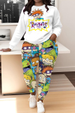 Dark Green Cartoon Print O Neck Long Sleeve Sweatshirt And Skinny Pants Sportwear Casual Two Pieces Matching Sweatsuit Set