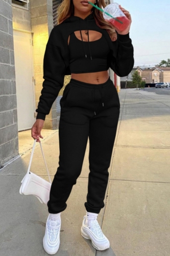 Black Hooded Long Sleeve Cut Out Crop Sweatshirt And Pants Casual Sportswear Two Pieces Jogger Sets