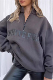 Light Yellow Casual Letter Print Zipper Collar Long Sleeve Fall Winter Sweatshirt