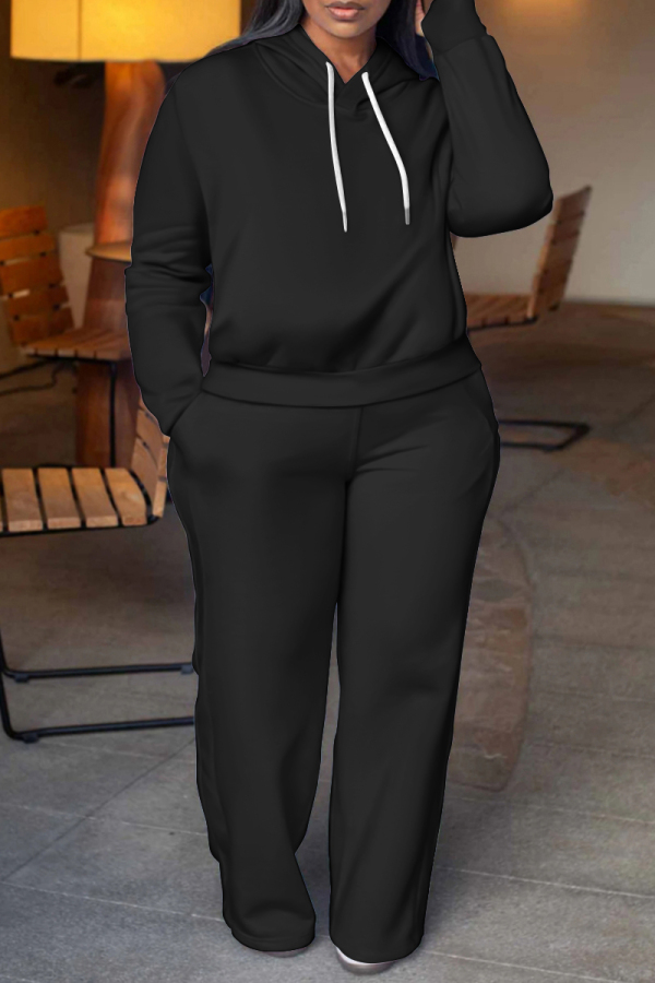 Black Long Sleeve Hooded Sweatshirt And Wide Leg Pants Sportwear Casual Two Pieces Jogger Sets