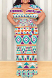 Apricot Casual Boho National Totem Print Short Sleeve V Neck Lace Up Plus Size Loose Vacation Maxi Dresses