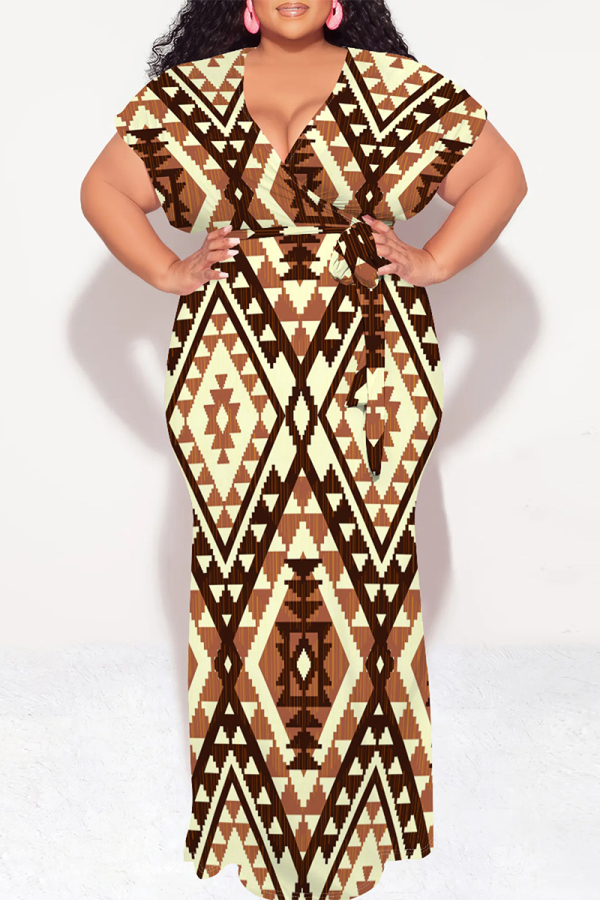 Apricot Casual Boho National Totem Print Short Sleeve V Neck Lace Up Plus Size Loose Vacation Maxi Dresses
