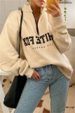 Light Yellow Casual Letter Print Zipper Collar Long Sleeve Fall Winter Sweatshirt
