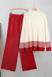 Khaki Casual Stripe Print Half A Turtleneck Long Sleeve Knitted Sweater And Wide Leg Pants Two Pieces Trouser Sets