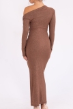 Khaki Oblique Collar Long Sleeve Front Knotted Long Formal Evening Party Prom Bodycon Maxi  Dresses