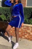 Blue Zipper Collar Long Sleeve Velvet Crop Jackets And Cross Straps Mini Skirt  Casual Sportwear Two Pieces Dress Sets