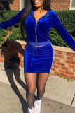 Blue Zipper Collar Long Sleeve Velvet Crop Jackets And Cross Straps Mini Skirt  Casual Sportwear Two Pieces Dress Sets