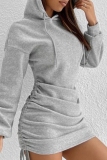 Grey Casual Long Sleeve Ruched Hooded Sweatshirt Mini Dresses