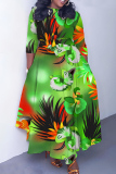 Navy Blue Casual Graphics Print O Neck 3/4 Sleeve Belted Pockets Long Vacation Pleated Maxi Dresses