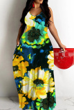Grey Graphics Print Backless Spaghetti Strap Floor Length Vacation Baggy Sundress Slip Maxi Dress