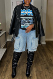 Blue Casual Pocket High Waist Denim Cargo Shorts