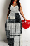 Grey Graphics Print Backless Spaghetti Strap Floor Length Vacation Baggy Sundress Slip Maxi Dress