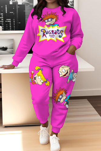 Dark Green Cartoon Print O Neck Long Sleeve Sweatshirt And Skinny Pants Sportwear Casual Two Pieces Matching Sweatsuit Set