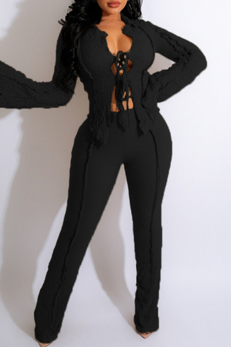 Blue Casual Turndown Collar Flare Sleeve Lace Up Irregular Tops And Skinny Pants Two Pieces Trouser Sets