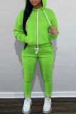 Green Zipper Collar Long Sleeve Hooded Sweatshirt And Pants Sportwear Casual Two Pieces Jogger Sets