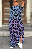 Brown Leopard Print Off Shoulder Lace Up Slit Loose Vacation Maxi Dresses