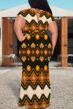 Apricot Casual Boho National Totem Print Short Sleeve V Neck Lace Up Plus Size Loose Vacation Maxi Dresses