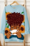 Light Blue O Neck Long Sleeve Casual  Fall Winter Sweatshirt