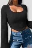 Green Casual U Neck Long Sleeve Knitted Crop Sweater Tops