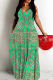 Black Graphics Print Backless Spaghetti Strap Floor Length Vacation Baggy Sundress Slip Maxi Dress