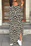 Brown Leopard Print Off Shoulder Lace Up Slit Loose Vacation Maxi Dresses