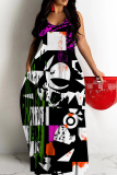 Black Graphics Print Backless Spaghetti Strap Floor Length Vacation Baggy Sundress Slip Maxi Dress