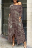 Dark Grey Faux Denim Print O Neck 3/4 Sleeve Irregular Hem Pocket Straight Loose Maxi Dress