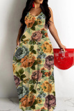 Grey Graphics Print Backless Spaghetti Strap Floor Length Vacation Baggy Sundress Slip Maxi Dress