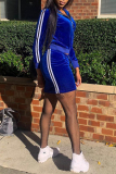 Blue Zipper Collar Long Sleeve Velvet Crop Jackets And Cross Straps Mini Skirt  Casual Sportwear Two Pieces Dress Sets