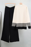 Khaki Casual Stripe Print Half A Turtleneck Long Sleeve Knitted Sweater And Wide Leg Pants Two Pieces Trouser Sets