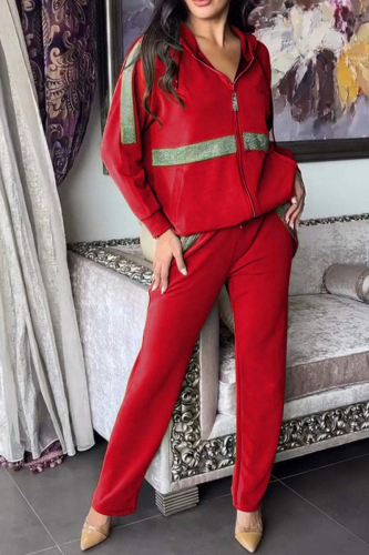 Red Casual Zipper Long Sleeve Hooded Sweatshirt And Pants Sportwear Two Pieces Jogger Sets