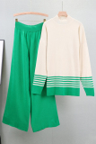 Khaki Casual Stripe Print Half A Turtleneck Long Sleeve Knitted Sweater And Wide Leg Pants Two Pieces Trouser Sets