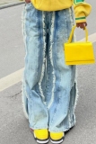 Blue High Waist Fringe Trim Casual Outing Wide Leg Denim Jeans