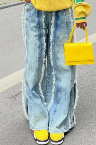 Blue High Waist Fringe Trim Casual Outing Wide Leg Denim Jeans