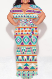 Apricot Casual Boho National Totem Print Short Sleeve V Neck Lace Up Plus Size Loose Vacation Maxi Dresses