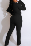 Blue Casual Turndown Collar Flare Sleeve Lace Up Irregular Tops And Skinny Pants Two Pieces Trouser Sets