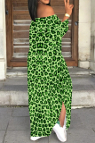 Brown Leopard Print Off Shoulder Lace Up Slit Loose Vacation Maxi Dresses