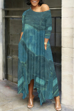 Dark Grey Faux Denim Print O Neck 3/4 Sleeve Irregular Hem Pocket Straight Loose Maxi Dress