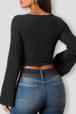 Green Casual U Neck Long Sleeve Knitted Crop Sweater Tops
