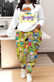 Dark Green Cartoon Print O Neck Long Sleeve Sweatshirt And Skinny Pants Sportwear Casual Two Pieces Matching Sweatsuit Set