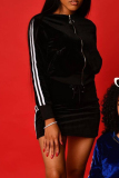 Blue Zipper Collar Long Sleeve Velvet Crop Jackets And Cross Straps Mini Skirt  Casual Sportwear Two Pieces Dress Sets