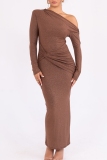 Khaki Oblique Collar Long Sleeve Front Knotted Long Formal Evening Party Prom Bodycon Maxi  Dresses