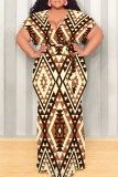 Apricot Casual Boho National Totem Print Short Sleeve V Neck Lace Up Plus Size Loose Vacation Maxi Dresses